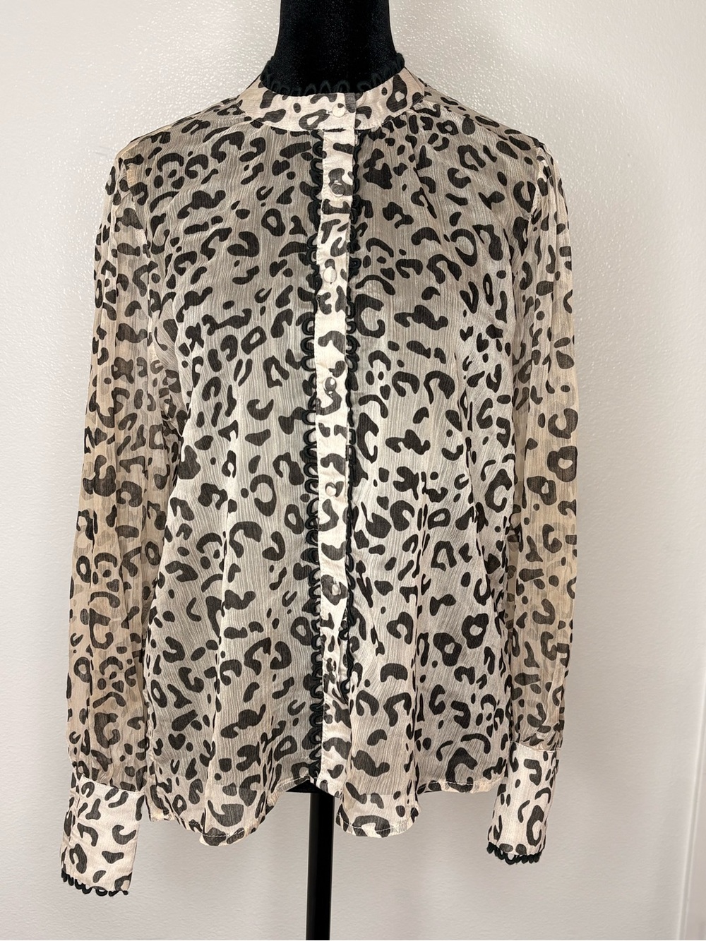 Sheer Leopard-Print Button Blouse in Beige and Black Elizabeth Crosby